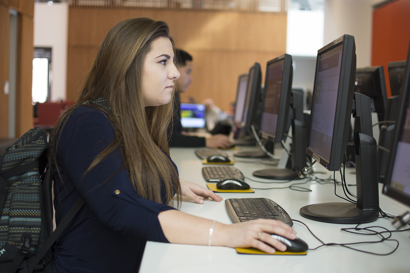 A woman with long brown hair sits at a computer, looking at the monitor
